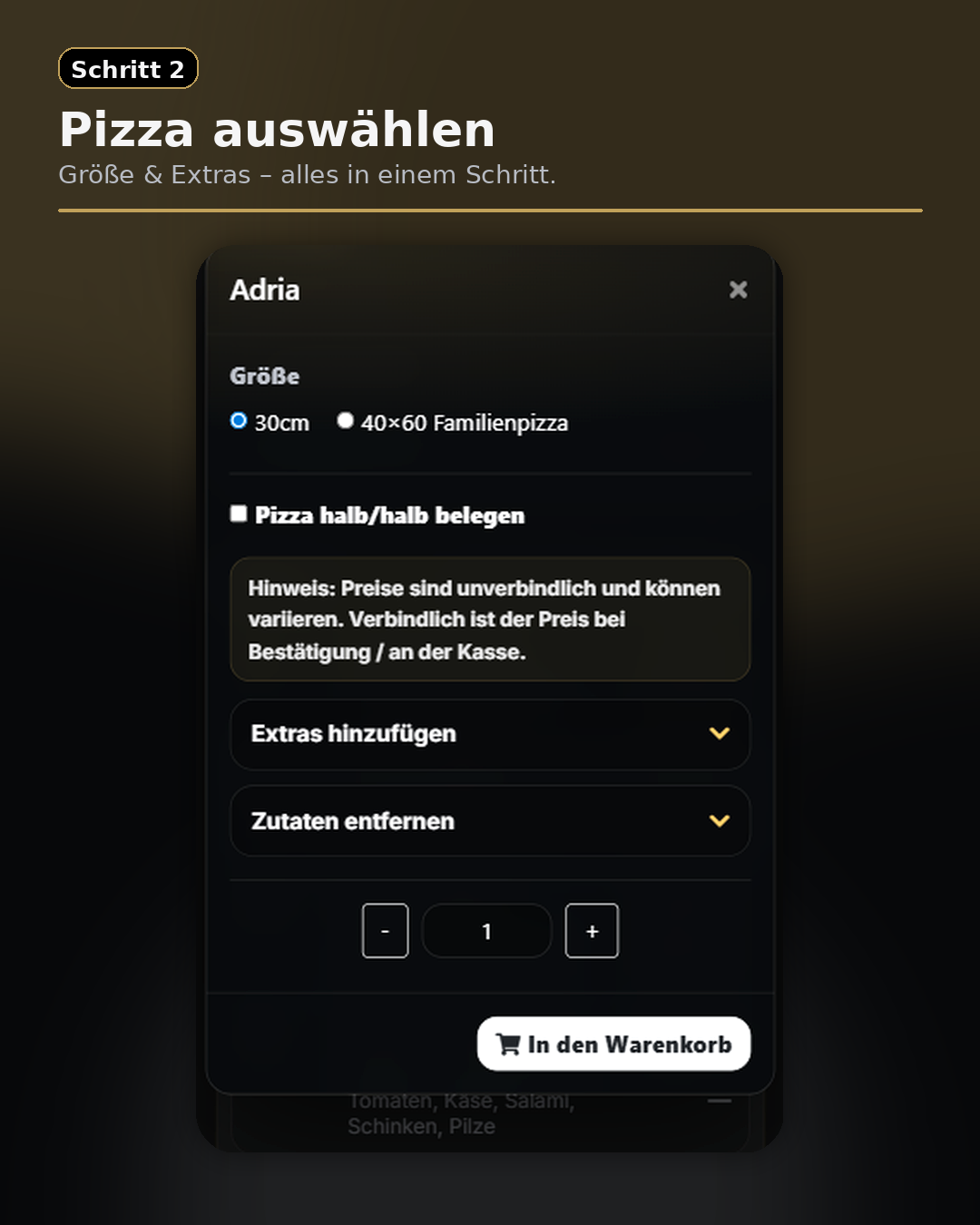 Schritt 2: Pizza wählen, Größe & Extras